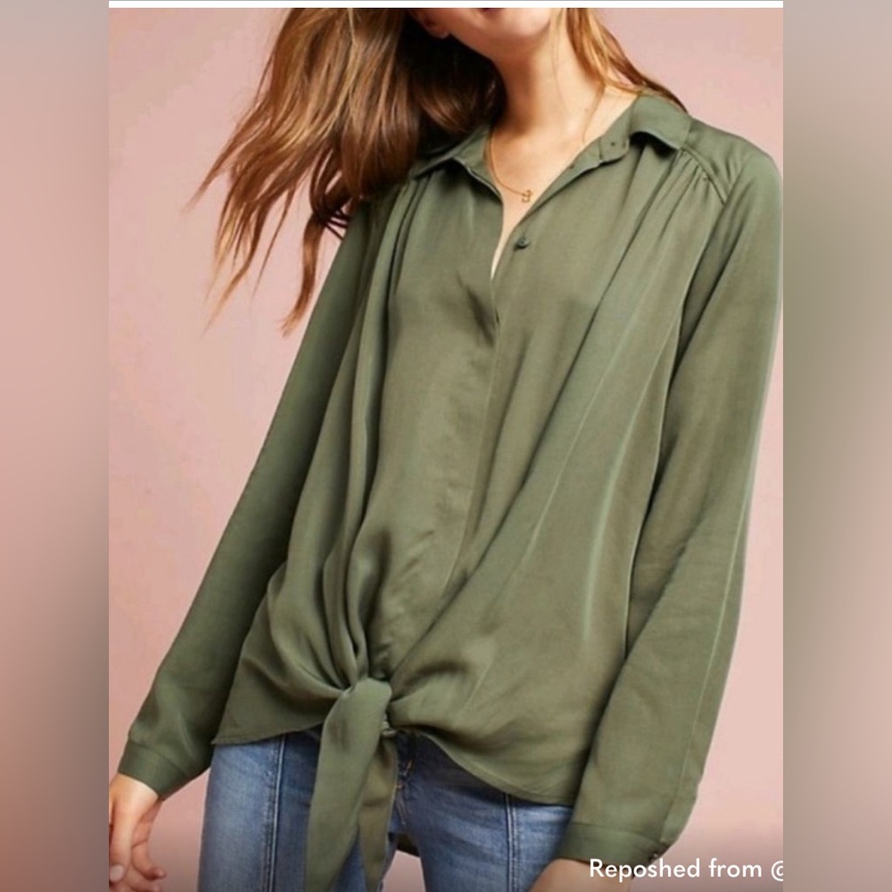 Maeve Anthropologie olive green Front tie oversized long sleeve button down top